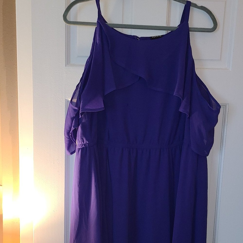 Purple dress with cold Shoulders.
